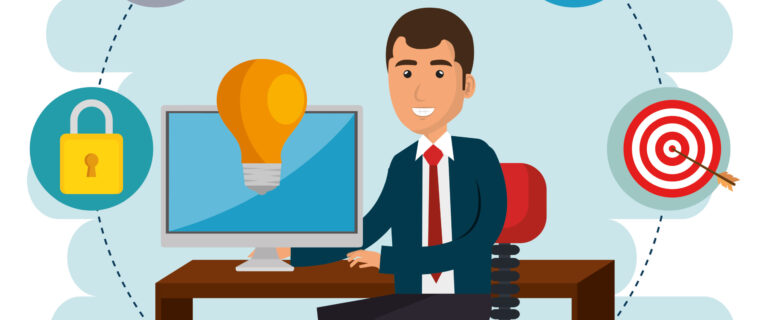 businessman in the office with e-mail marketing icons vector illustration design