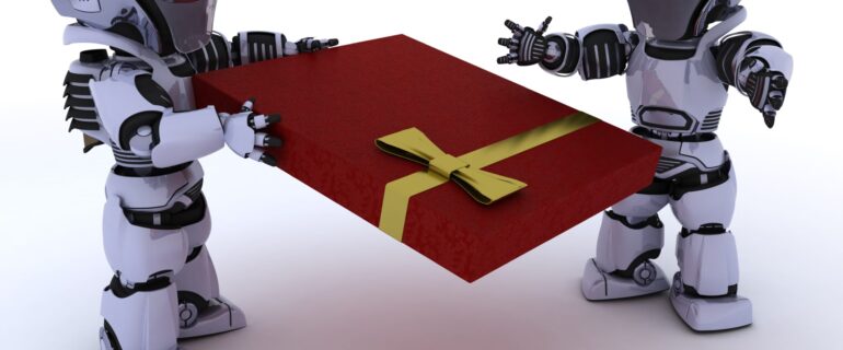 3D render of a robot with romantic gift