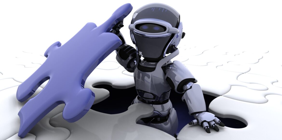 robot with the final piece of the puzzle 3D render of a robot with the final piece of the jigsaw puzzle