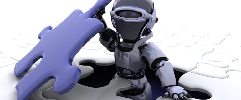 3D render of a robot with the final piece of the jigsaw puzzle