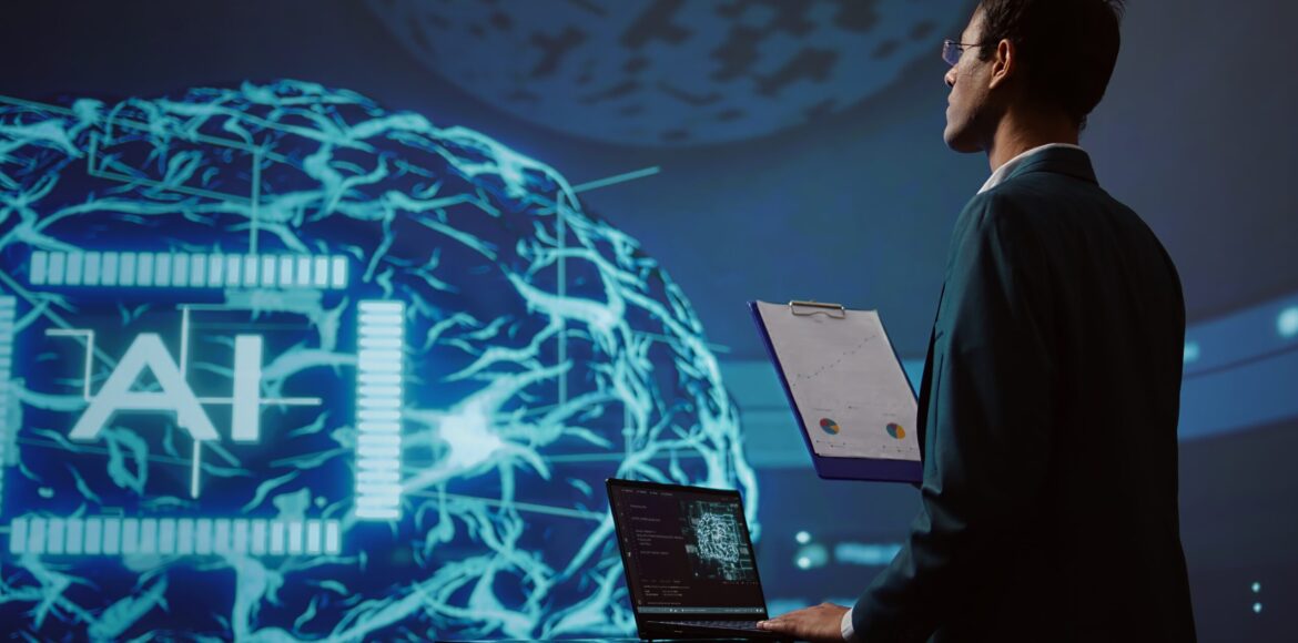 Startup employee looking over business charts, using AI software to take data driven decisions in tech industry. IT expert developing innovative artificial intelligence solutions for company, camera B