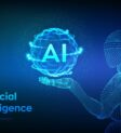 AI. Artificial intelligence. Wireframe robot. AI in robotic hand. Machine learning and cyber mind domination concept. Technology sci-fi concept. Graphic design concept of future. Vector illustration