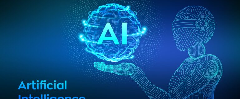 AI. Artificial intelligence. Wireframe robot. AI in robotic hand. Machine learning and cyber mind domination concept. Technology sci-fi concept. Graphic design concept of future. Vector illustration