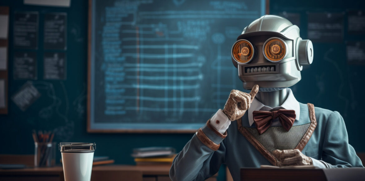 anthropomorphic-robot-performing-regular-human-job-future a robot in front of a school blackboard, in the style of olympus m.zuiko digital ed 12-40mm f/2.8 pro, eye-catching, emotive gestures and expressions, light silver and azure, internet academia, modern and sleek, happycore --ar 128:85 --v 5.2 Job ID: 450b0a4b-6ab0-4dd7-badb-95ff45002769