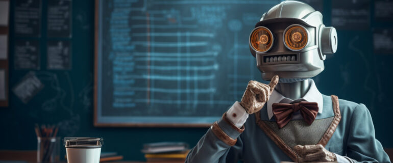 a robot in front of a school blackboard, in the style of olympus m.zuiko digital ed 12-40mm f/2.8 pro, eye-catching, emotive gestures and expressions, light silver and azure, internet academia, modern and sleek, happycore --ar 128:85 --v 5.2 Job ID: 450b0a4b-6ab0-4dd7-badb-95ff45002769