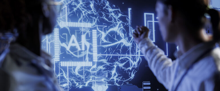 Computer scientists brainstorm ways to use AI cognitive computing to extract usable information from complex data. Data center employees implement artificial intelligence to process massive datasets