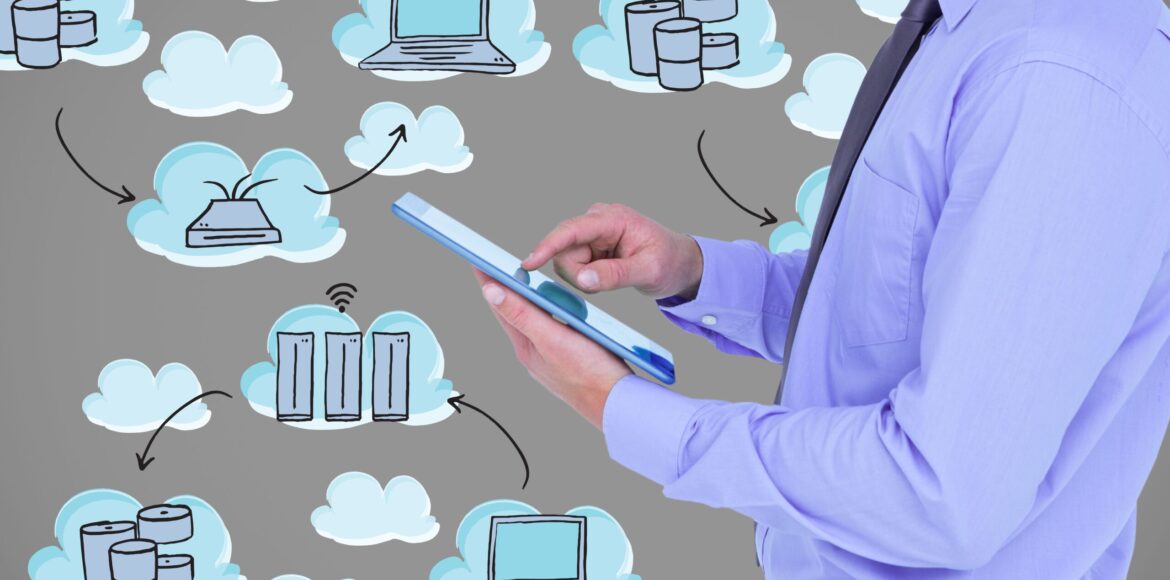 man-with-tablet-clouds-background-icons man-with-tablet-clouds-background-icons