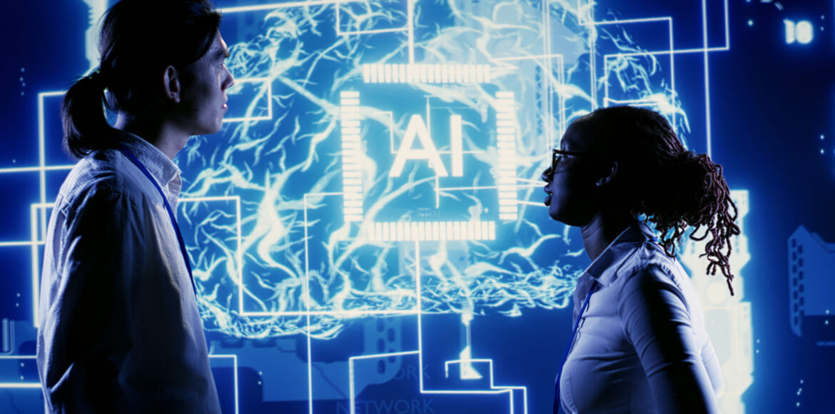 Dilligent BIPOC workers looking at hologram of artificial intelligence human brain simulation. Knowledgeable professionals interacting with AR AI visualization showing machine learning algorithms SSUCv3H4sIAAAAAAAAA4VRwbLbIAz8F53NDAYb4/xDT6+3Nz0IkBPmEZMxuG8yGf975cRpj+UkrVbSsnpADHCCSdvRWOMEhtCJbpxIuBCcGOw0eRu8VLqHBgJWglOrdWet4galtJH8GnBYoofTA2JKa6kL1phnOHFloTnQ8gwpxJqXiImzrYFSsa6FCrdx5nn2mavP/D3v87HjLPAn+cucUz7fWUZZHUM/YvGUEs6U1wJb86Z++Eizp//y/hJg+9UAnrnpvkvZds2J8KnsEyRZb/wgxdAOWnTWGYE0emFJsQWjxZYkj5JILdmWaT0Nouv8JLC3JNCZQWpljTGaaZ0jUq0bhSHfis4EI9zUonCepOqdVNhrYDlf35WW62FNrpfdQRae17ku95f4lPMNXeKDTJgKNXDBUpgQDoAbb0v0cT4fBvNd8vUVz7nuv3t6ULP/iuFY9brJJTK673nAeksZA4WjvLprrPWdLvQ70vc/9rZtfwBaITseUQIAAA==